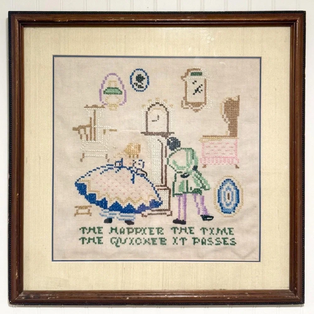 Vintage c1930s Framed Cross Stitch Motto Sampler Victorian Couple Folk Art 18 I
